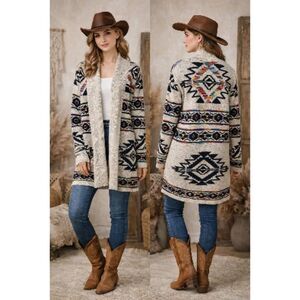 Northern Angel Southwestern Aztec Rainbow Open Front Cardigan Cotton Long Knit L